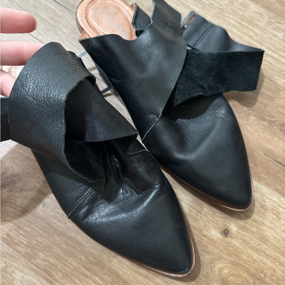 Free People Black Leather Flats with Bow Detail